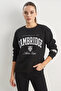 Women's Crew Neck Printed Three Thread Ribbed Basic Black Sweatshirt - 5