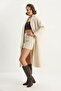 Women's Bearded Soft Textured Double-Breasted Collar Lined Pocket Detailed Belted Cream Coat - 2