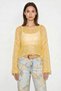 Women's Boat Neck Sequined Mesh Textured Bat Sleeve Crop Yellow Blouse