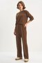 Women's Crew Neck Long Sleeve Top with Elastic Waist, Loose Bottom with Piping Detail, Modal Brown Set - 2