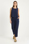 Women's Thick Strap Blouse Elastic Waist Pants Modal Navy Blue Set - 3