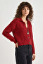 Women's Pointelle Knit Buttoned Shawl Collar Red Cardigan - 2