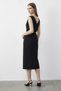 Women's Boat Neck Belted Front Slit Detailed Midi Pencil Black Dress - 5