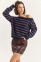 Women's Bardot Collar Striped Knitwear Navy Blue Burgundy Sweater - 6