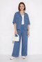Women's Shirt Collar Balloon Sleeve Wide Leg Indigo Trousers Set - 4