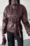 Women's Belted Stand Collar Faux Leather Short Trench Coat Jacket - 3