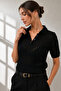 Women's Black Short Sleeve Polo Collar Buttoned Openwork Knitwear Blouse 23070 - 5