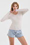 Women's Beige V-Neck Slim Fit Finger-Loop Ultra Soft Flexible Lycra Cotton Basic Body&Blouse - 2