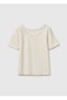 Women's Cream Cotton Blend Knitted Slim Fit Wide Collar T-Shirt - 2