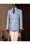 Slim Fit Men's Pointed Collar Herringbone Pattern Double-Breasted Jacket Blue T20143-19