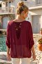 Italian Burgundy Lace Collar 3/4 Sleeve Lined Elastic Waist Sequined Silk Woven Blouse 65 70 - 3