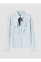 Blue Shirt Collar Ribbon Detailed Ruffled Blouse - 5