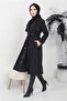Women's Hijab Below Knee Lined Degaje Collar Linen Fabric Slit Trench Coat Black - 6