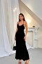 Women's Black Draped Backless Maxi Dress with Gold Ring Straps