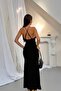 Women's Black Draped Backless Maxi Dress with Gold Ring Straps - 2