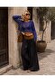 Sparkling sequin detailed ecru - black mesh knit crop blouse