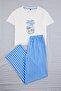 Beyaz-Mavi Pamuklu Baskılı ve Çizgili Örme Pijama Takımı THMAW27PT00055 - 5