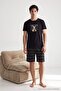 Black Regular Teddy Bear Printed Plaid Shorts- T-Shirt Knitted Pajama Set Tmnss26Pt00067 - 2