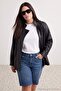 Siyah Oversize Kalıp Bel Lastikli Suni Deri Büyük Beden Mont TWOAW27AW00006 - 2