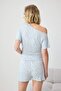 Light Blue Floral Single Shoulder Viscose Knitted Pajamas Set Thmss26Pt00254 - 4