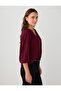 Burgundy V-Neck Three Quarter Sleeve Relaxed Cut Woven Blouse - 4