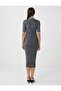 Anthracite Melange Slim Fit Shirt Collar Elbow Sleeve Knitted Midi Dress - 5