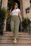 Women's Summer Khaki Synthetic Linen Look High Waist Narrow Leg Lace-Up Plus Size Mom Pants - 8