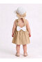 Baby Girl Straw Hat and Beige Dress with Bow on the Back and Embossed Pattern - 2
