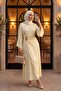 Buckle Detailed Double Layered Asymmetrical Sleeve Satin Evening Dress -Ecru