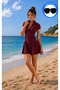 Women's Burgundy Swimsuit with Skirt, Chest Pad, Short Sleeves, Zipper - 2