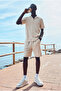 Men's Trendy Polo Collar Shirt Basic Linen Shorts Cream Two-Piece Set