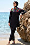 Colorful Collar 4 Piece Black Hijab Swimsuit 6224A - 2