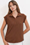 20123 Polo Collar Knitted Blouse - Brown - 2