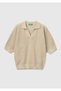 Women's Stone Cotton Linen Blended Textured Polo Collar Short Sleeve Sweater