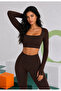 Women's Long Sleeve U-Neck Seamless Gathering Sports Bustier - Brown