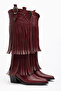 Burgundy Matte Leather Tasseled Buckle Western Cowboy Boots - 2
