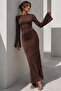 Bitter Brown Boat Neck Back Detailed Maxi Long Dress MG1993