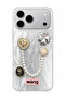 iPhone 17 Pro/18 Pro Rhinestone Case with Pearl Pendant Detail, Marbling Effect 3D Heart and Motif Charm Cover