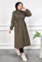 Text Detailed Hooded Coat Khaki 15900 - 3