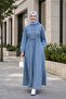 Women's Buttoned Stone Embroidered Lace-Up Light Blue Denim Dress - 7