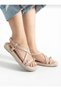 Cream Beige Flip-Flop Thermo Non-Slip Sole Gold Stone Detailed Ankle Support Women's Sandals - 2