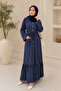 Mahit- Chic Linen Maxi Dress with side pockets and ruffled hem in navy blue pinstripe - 2