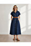 Women's Dark Blue Batwing Sleeve Buttoned Belted Maxi Denim Dress ELB-19002477