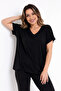 Women's Black Large Size V-Neck Oversize Basic T-shirt - 3