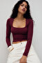 Burgundy Square Collar Long Sleeve Women's Bodysuit Sh206 - 5
