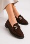 Mono Women's Black Suede Buckle Casual Loafer Flats – Stylish Comfortable Shoes with Gold Accessoriesc325-Acı Kahve - 5