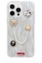 iPhone 15 Pro Stone Case with Pearl Necklace Detail, Marbling Effect, 3D Heart and Motif Charm Cover