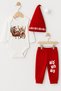 Baby New Year's Christmas Outfit 3-Piece Set, Christmas Printed Long Sleeve Bodysuit, Red Pants, Pompom Hat - 6