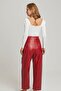 Red Women's Carrot Cut Waist Belt Pocket High Waist Lined Genuine Leather Trousers - 3