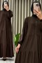 Ayli̇n Dress Knitted Fabric Women's Bitter Coffee Color Collar Openable Buttoned and Stripe Detailed Hijab Dress - 3